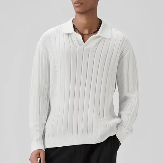 Moderne Ribgebreide Stripe Sweater met V-hals - Almira Noir