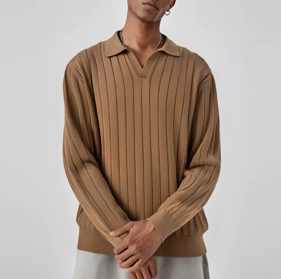 Moderne Ribgebreide Stripe Sweater met V-hals - Almira Noir