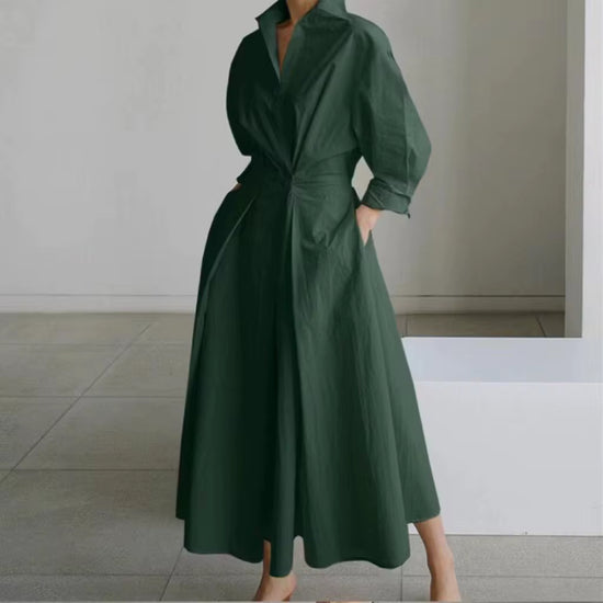 Effen elegante casual geweven stof lange mouwen overhemdjurk met knoop