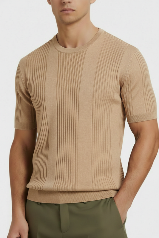 Beige Ribbed Crew-neck – Enhanced Detail