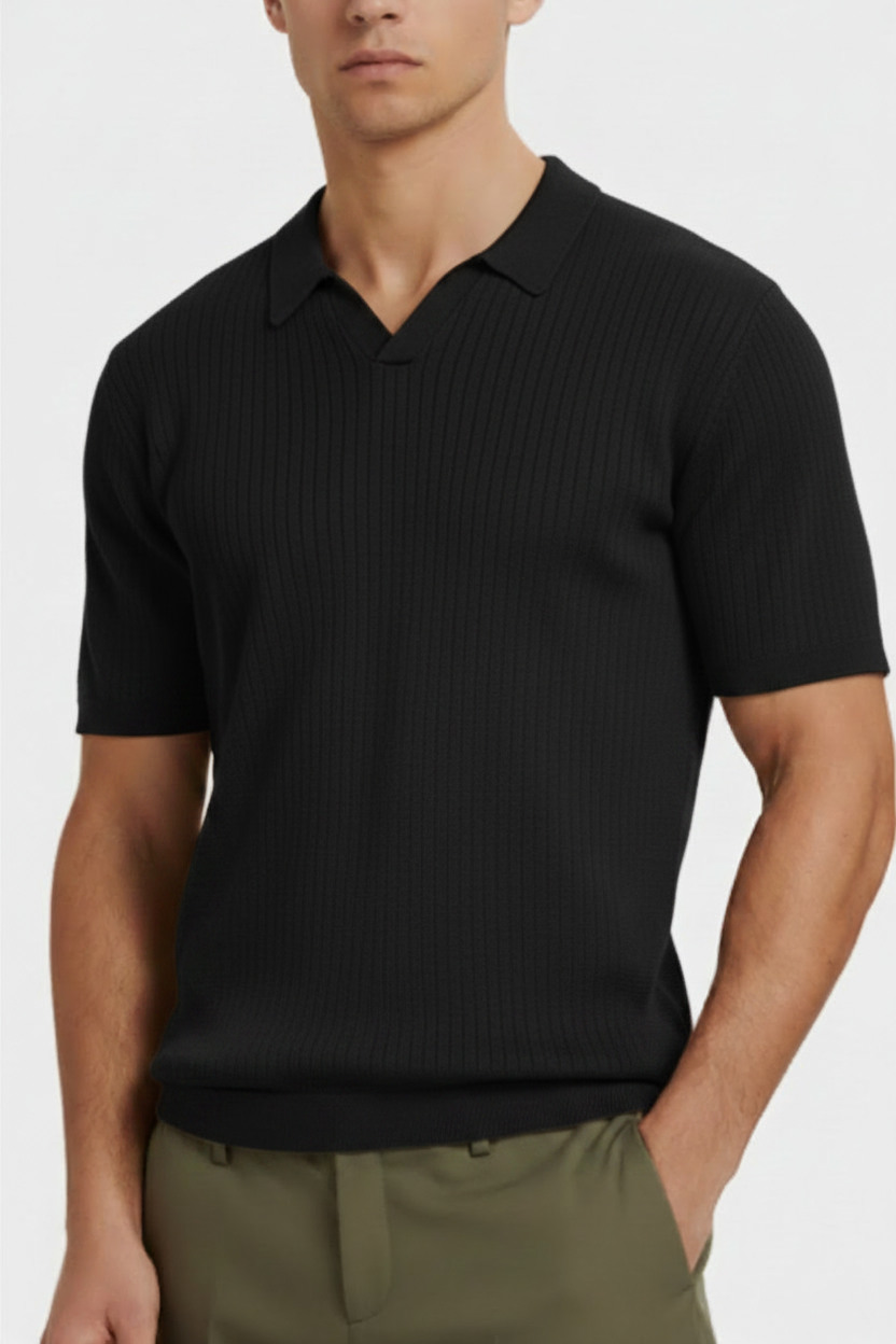 Black Ribbed Polo on Model