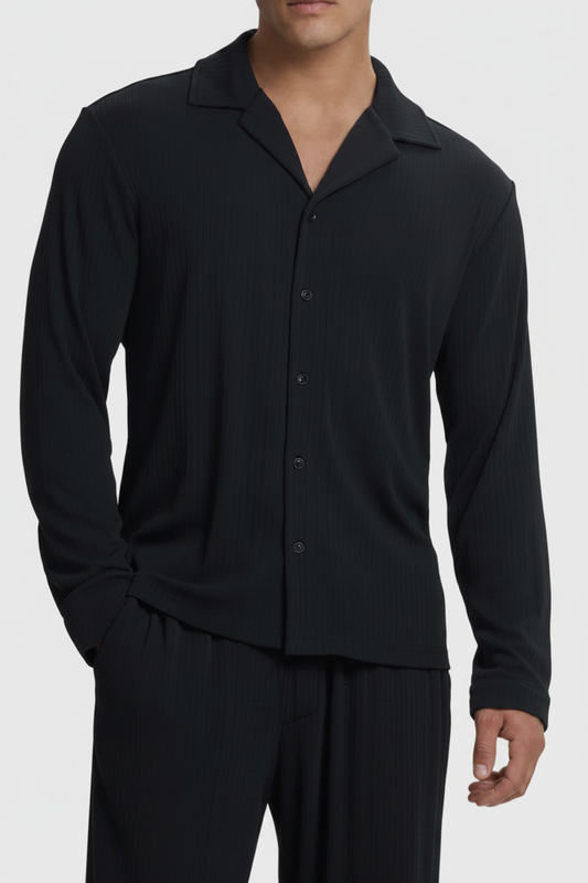 Black shirt and trousers — uniform grey background