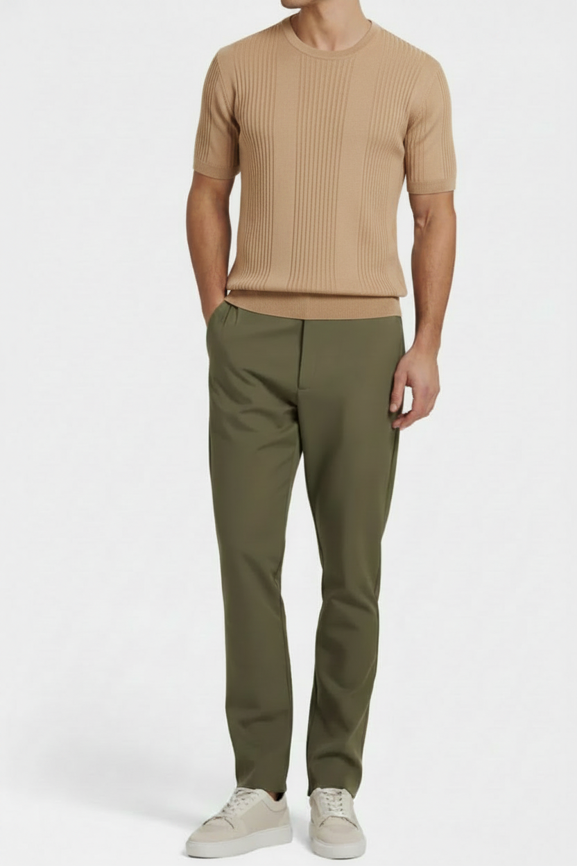 Camel Ribbed Crew-neck on Full Body Model