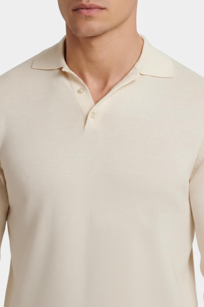 Cream knit polo close-up — clean background