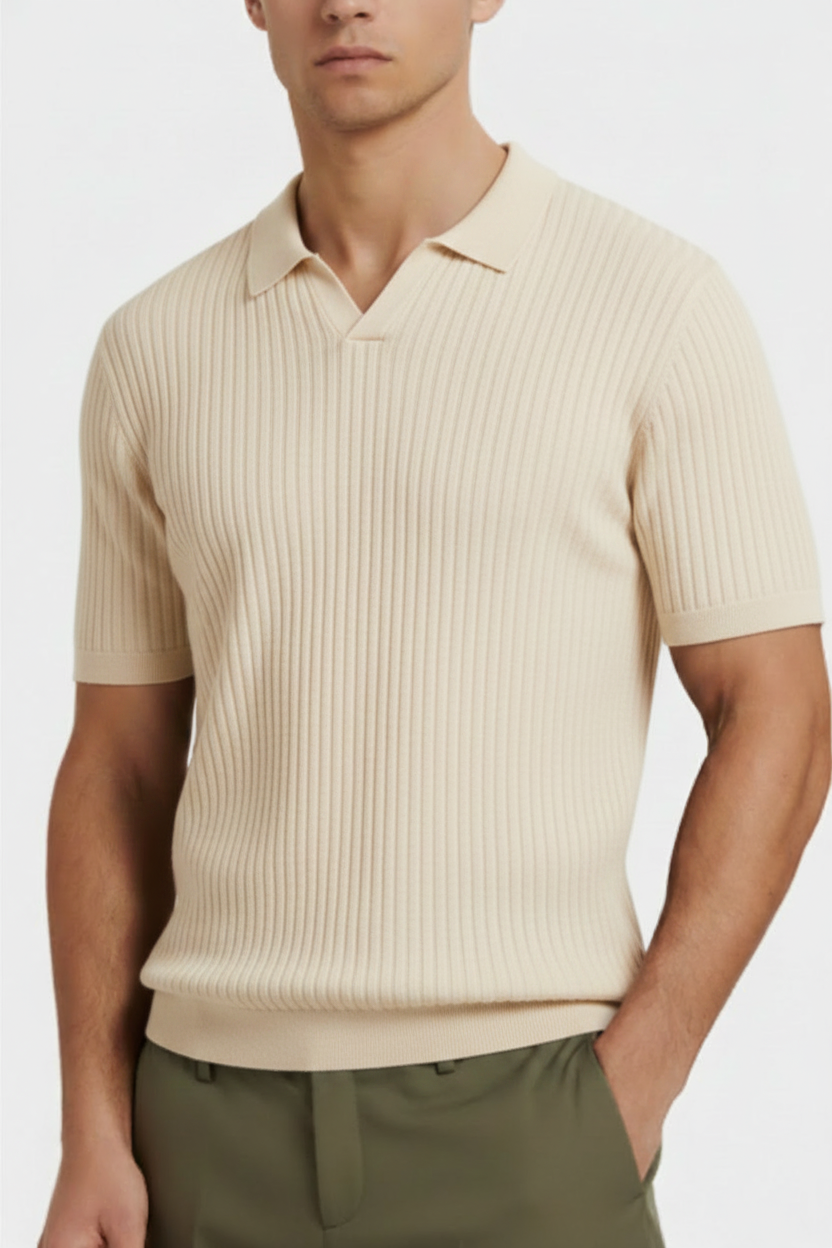 Cream Off-White Ribbed Polo on Model