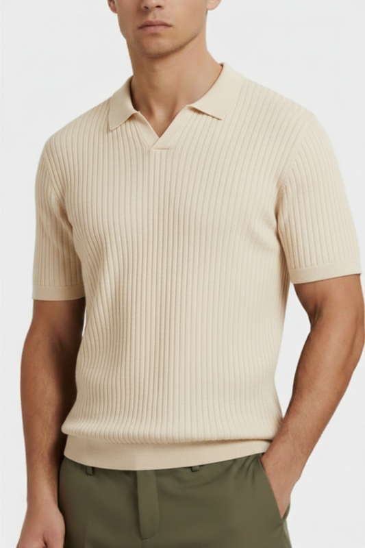 Cream Off-White Ribbed Polo on Model