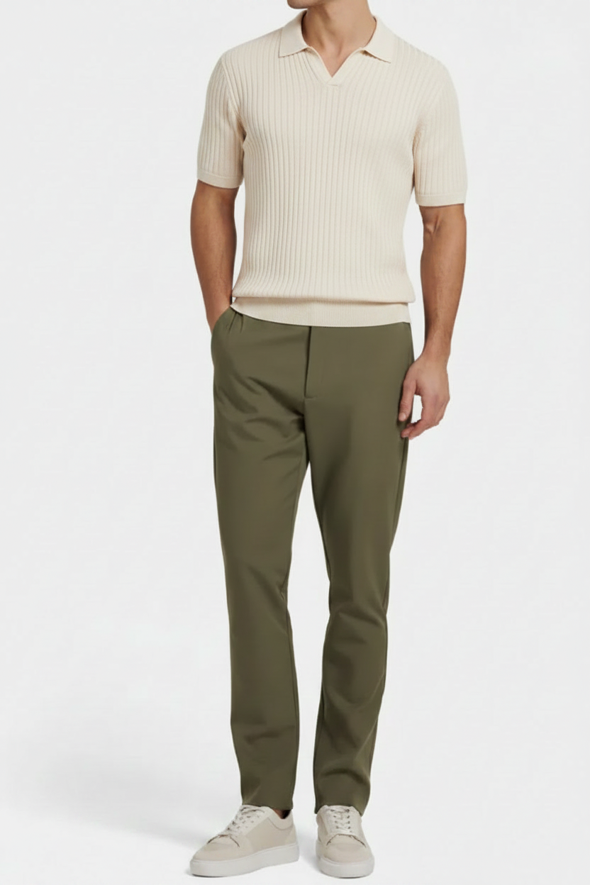 Cream Ribbed Polo on Model