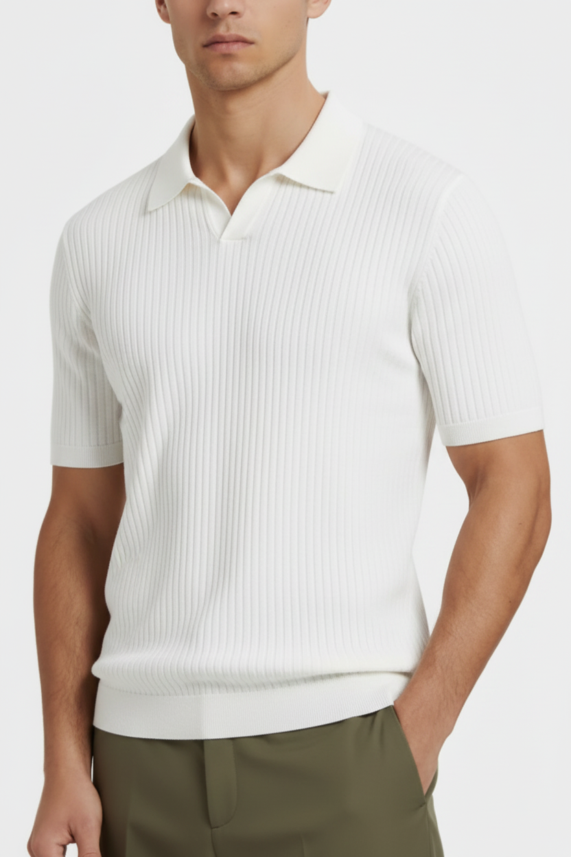 White Ribbed Polo on Model
