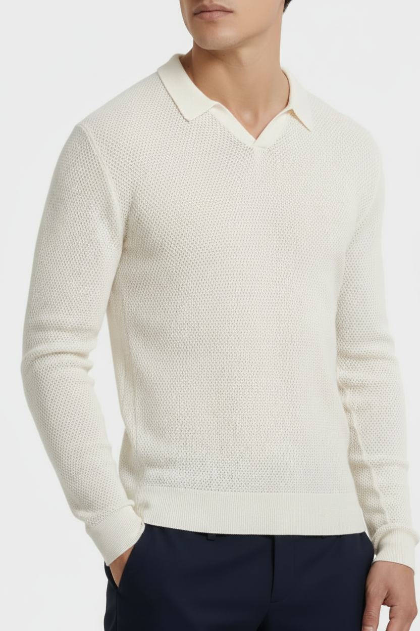 Refined Textured Knit Polo Sweater Lightweight Modern Elegance