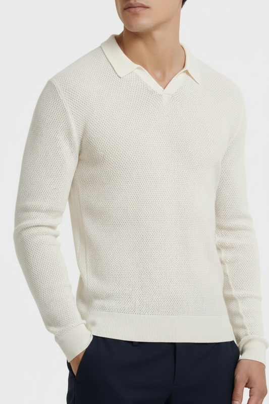 Refined Textured Knit Polo Sweater Lightweight Modern Elegance